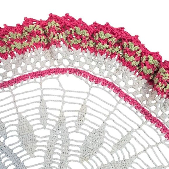 Crochet, Vintage Cotton White/Hot Pink/Green 21" Ruffled Doily, Handmade - Picture 5 of 7
